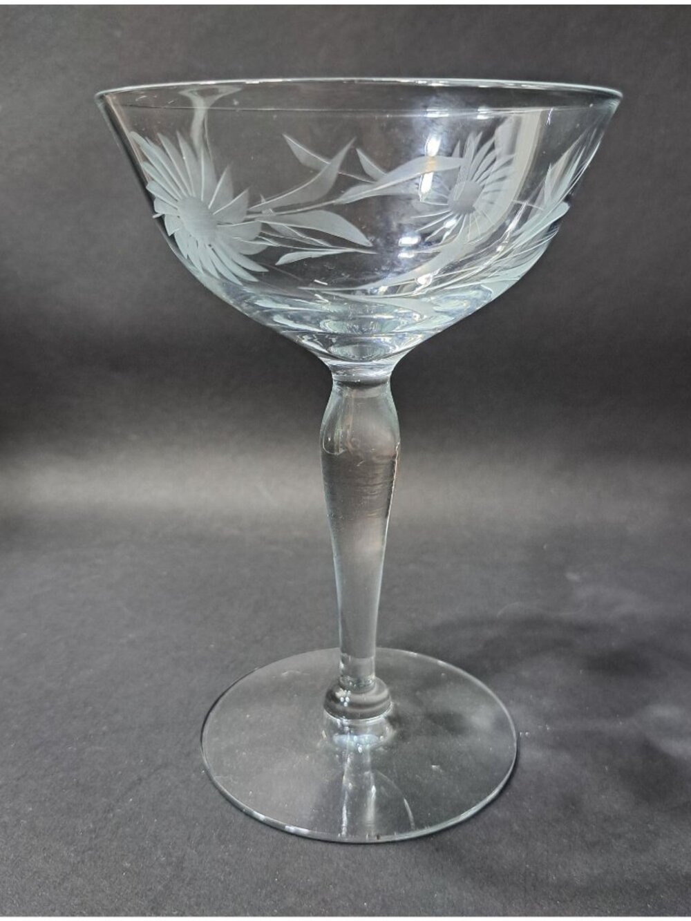 Crystal Champagne Coupe Etched Floral Design 7fl Oz Stemware Vintage Barware